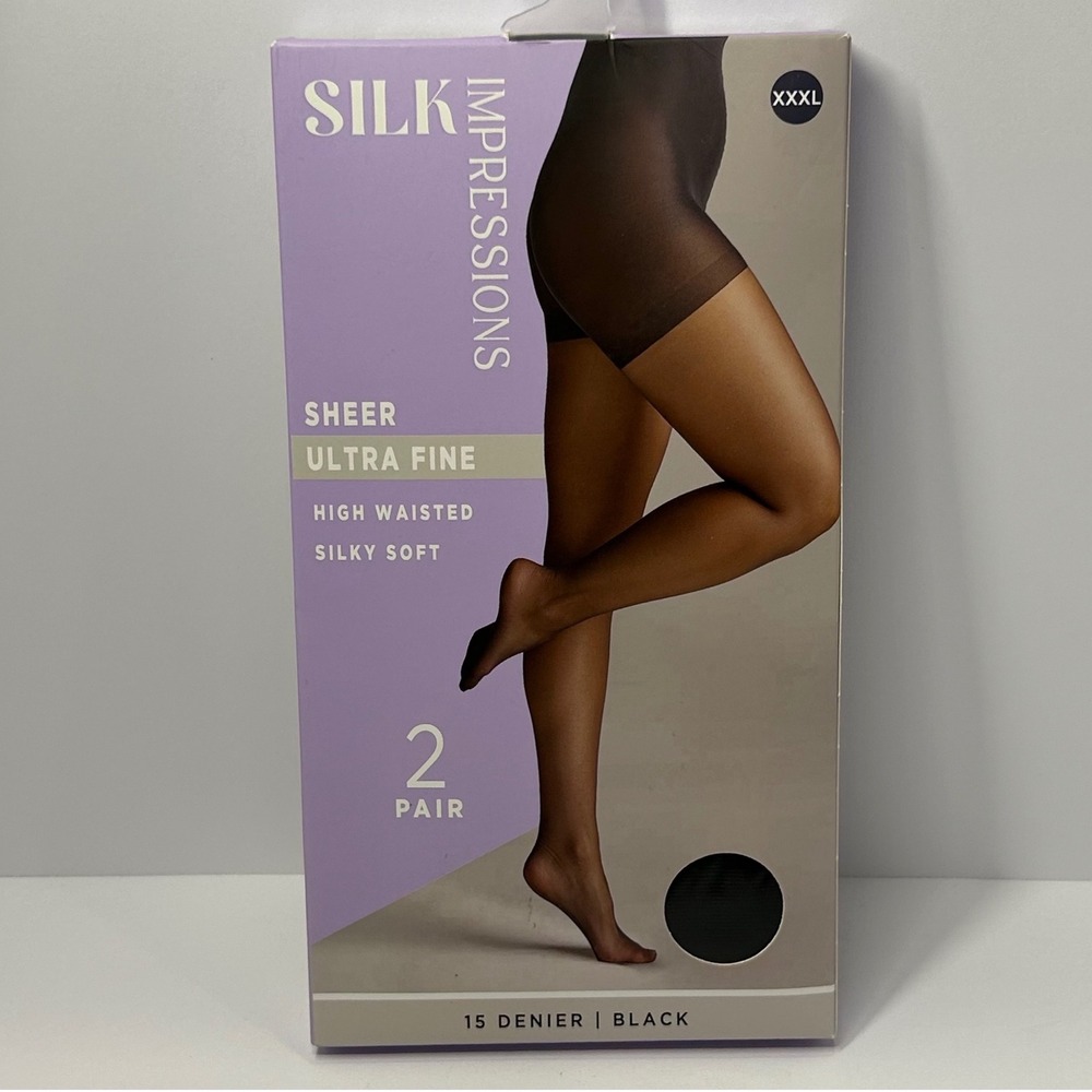Silk Impressions Black Ultra Fine High Waisted Pantyhose 2 Pair 3XL 15 Denier‎